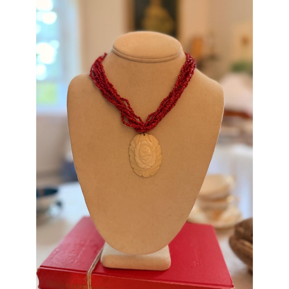Vintage Red Multi Strand Beaded Necklace | Hand Carved Floral Pendant, Boho Stat